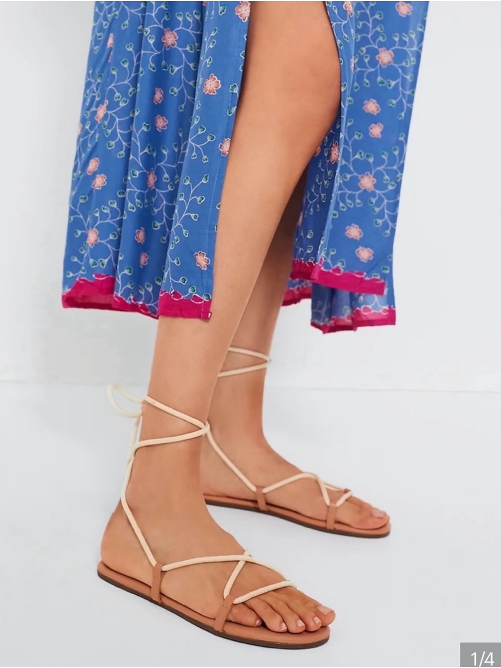 TKEES Cream Lace-Up Strappy Flat Sandals with Tan Footbed